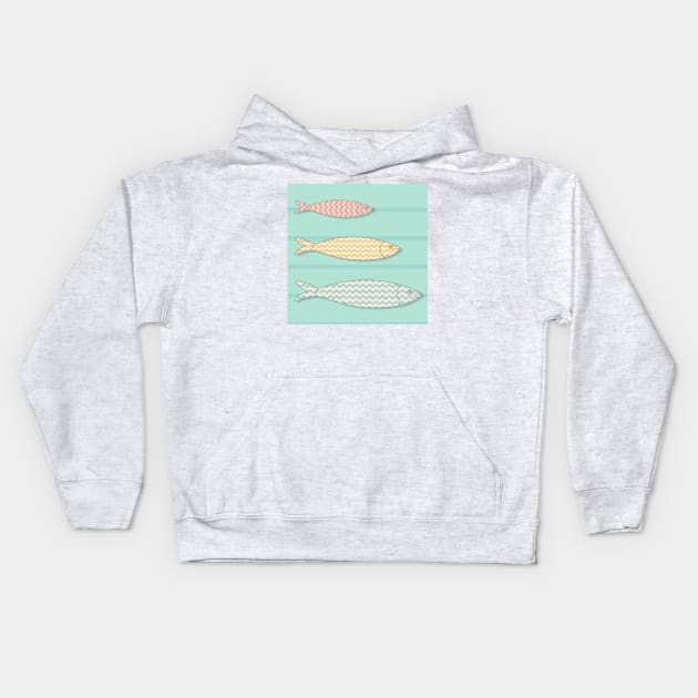 Traditional Portuguese icon. Colored sardines with geometric chevron patterns on wooden background. Kids Hoodie by AnaMOMarques